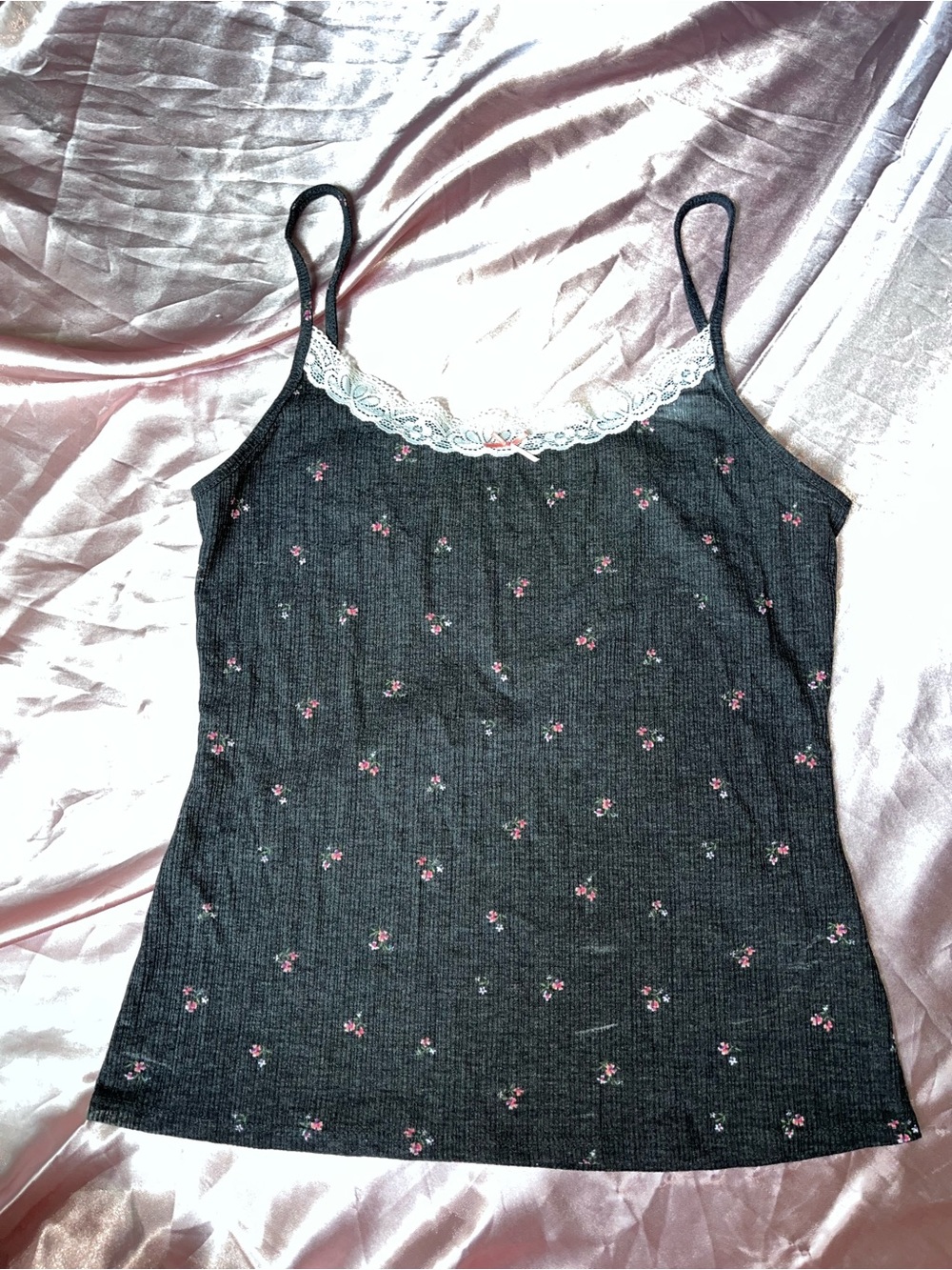 Wild Moss Black Floral Lace-Trim Ribbed Camisole Tank Top